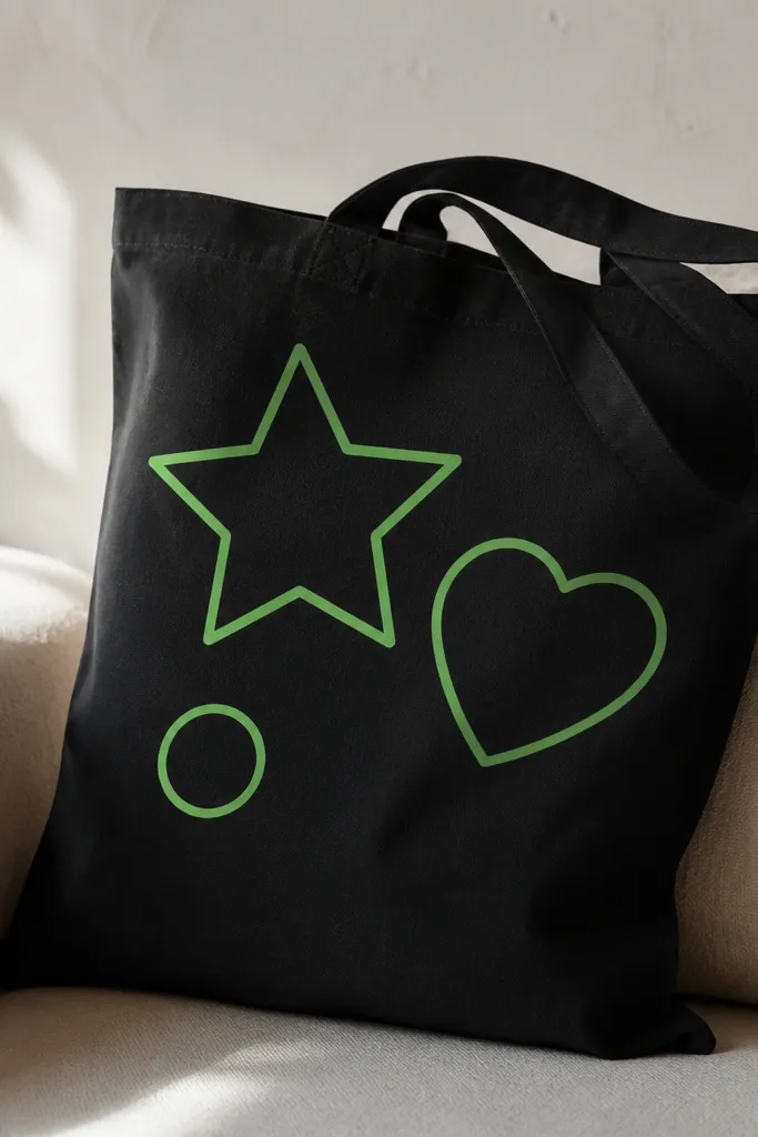 A black tote with neon green outlines around simple shapes: a star, a heart, and a small circle. The interiors are unpainted, creating a sticker-like negative space effect.