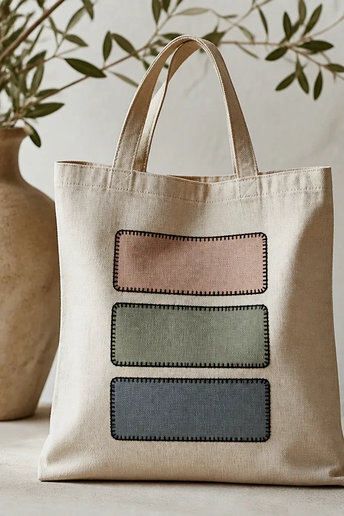 A natural tote showing a faux patch panel: three rounded rectangles outlined in black paint, each filled with a different muted color. The borders look like stitched frames.