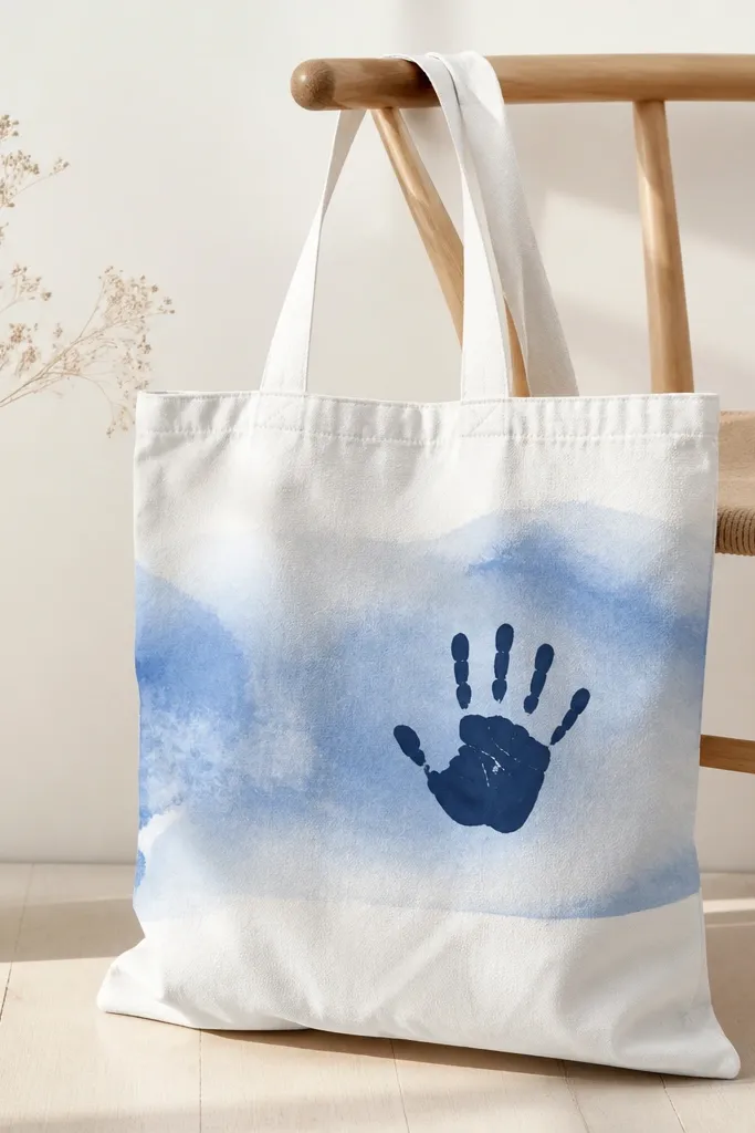 A white tote with a soft watercolor wash in light blue across the middle. A single handprint silhouette sits slightly off-center in a darker navy tone.