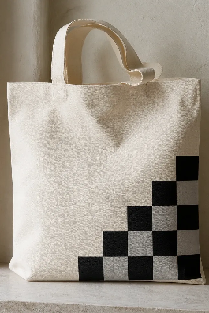 A cream tote with a checkerboard corner design in black and pale gray. The pattern sits in the lower-right corner, with sharp tape-resist edges.