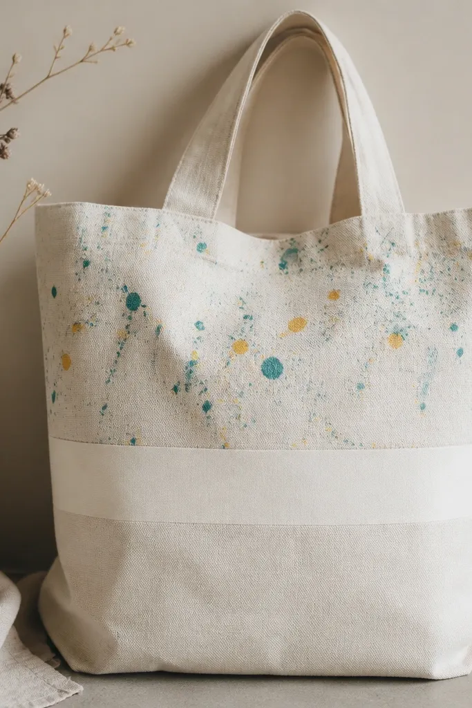 A light tote with small paint splashes in teal and yellow across the upper half. A clean, horizontal stencil strip near the middle reads like a label with a single color word.