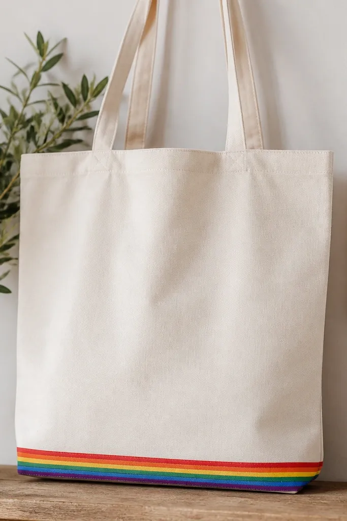 A tote with a thin rainbow border painted along the bottom seam line. Each color band is about 1/4 inch tall, stacked from red to violet.