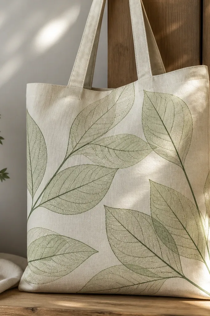 A tote with faint leaf veins visible like a rubbing. The leaves are lightly shaded in green and then outlined in dark green for definition.