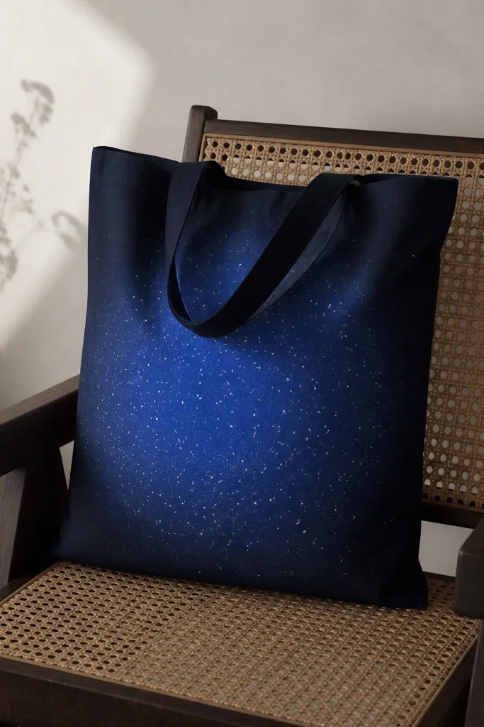 A dark navy tote with a circular halo of lighter blue around the center. Within the halo are scattered tiny white dots like stars.