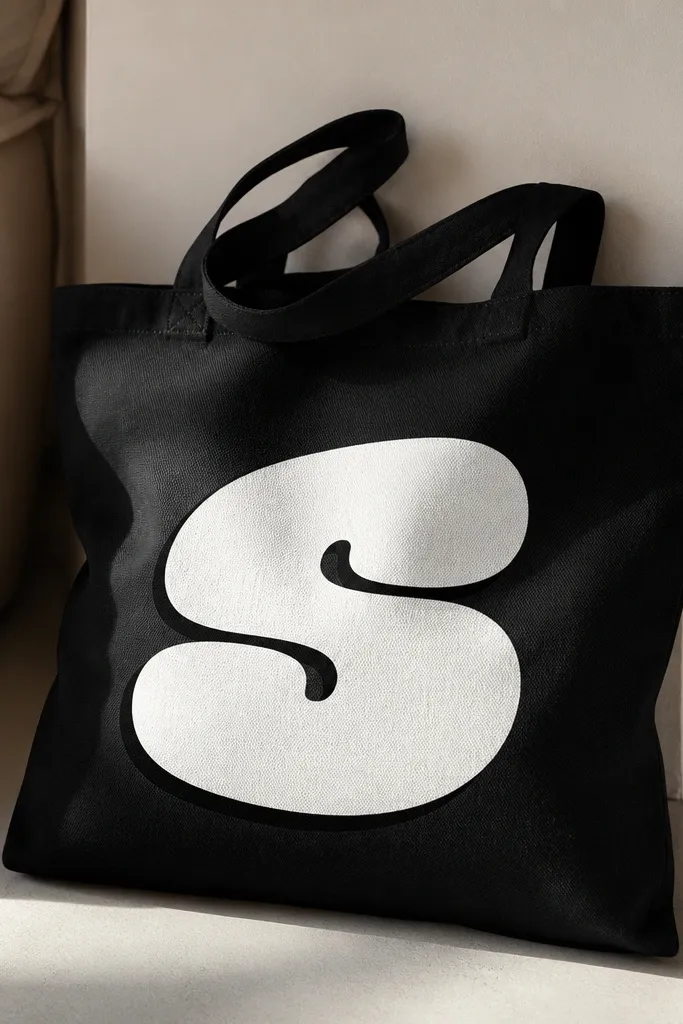 A tote with a big bubble-letter monogram painted in white, surrounded by a subtle black offset shadow. The monogram sits centered and spans most of the front panel.