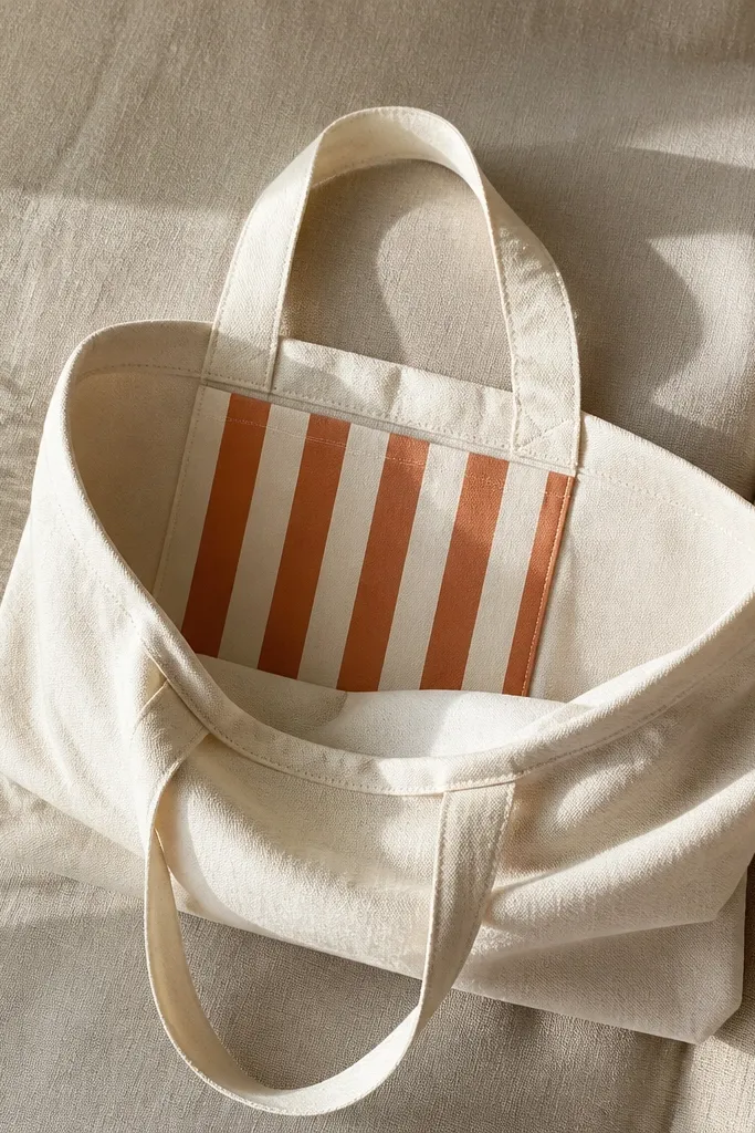 A tote with vertical stripes painted inside the pocket area only. The stripes alternate between rust orange and creamy off-white, with clean edges around the pocket opening.