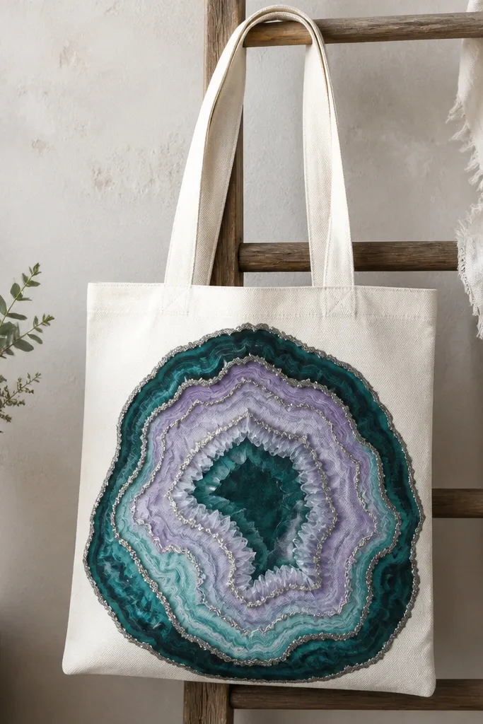 A tote with a single geode slice painted like a rock cross-section. The outer edge is dark teal, the middle is lavender and aqua, and metallic silver highlights trace the crystal lines.