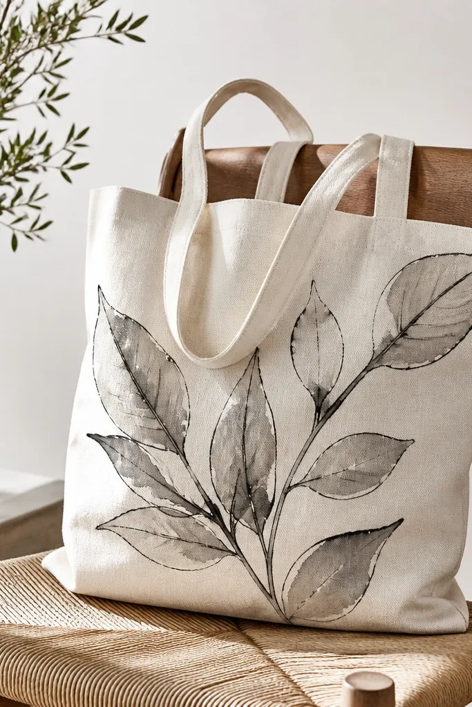 A tote with ink-style leaf silhouettes. The leaves are outlined in black with lighter gray washes inside, giving a hand-drawn ink look.