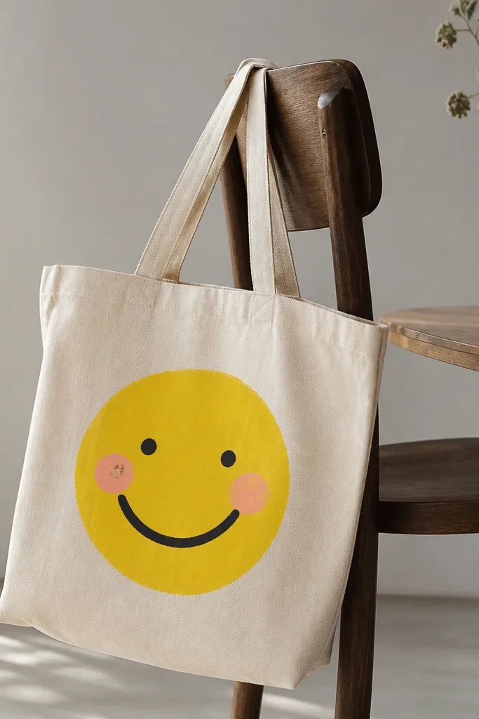 A tote with a simple face drawn in bright yellow. The eyes are black dots, cheeks are pink circles, and the smile is a thick curved line.