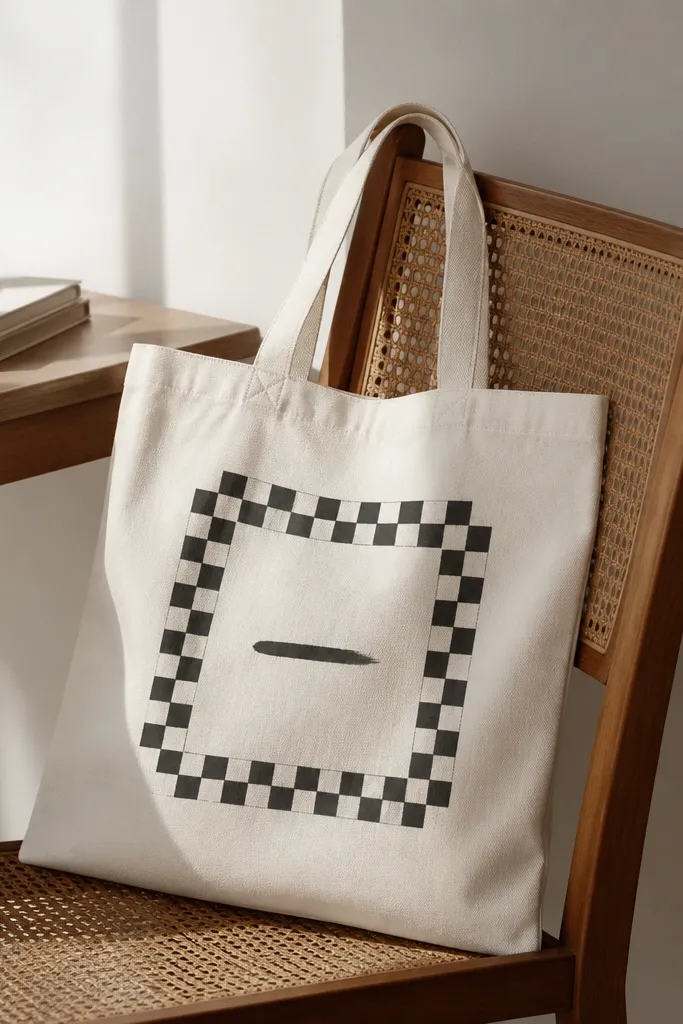 A tote with a rectangular frame made of alternating black and cream check squares. Inside the frame, there's a short hand-painted line in dark gray.