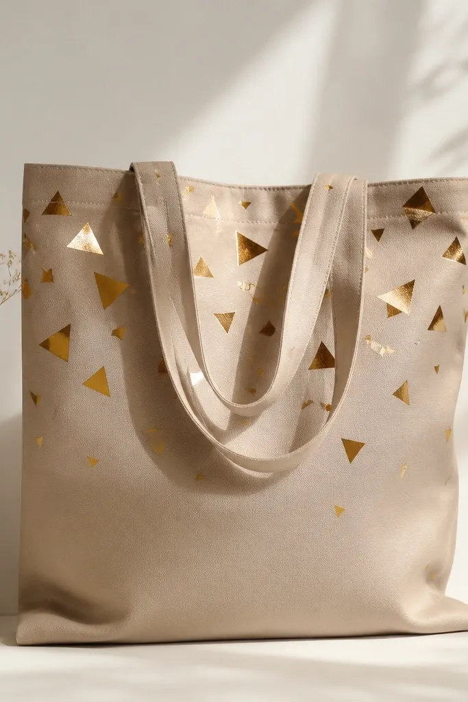 A tote with scattered metallic gold and bronze triangles. The triangles vary in size and are placed like confetti across the upper half, with a light satin sheen.