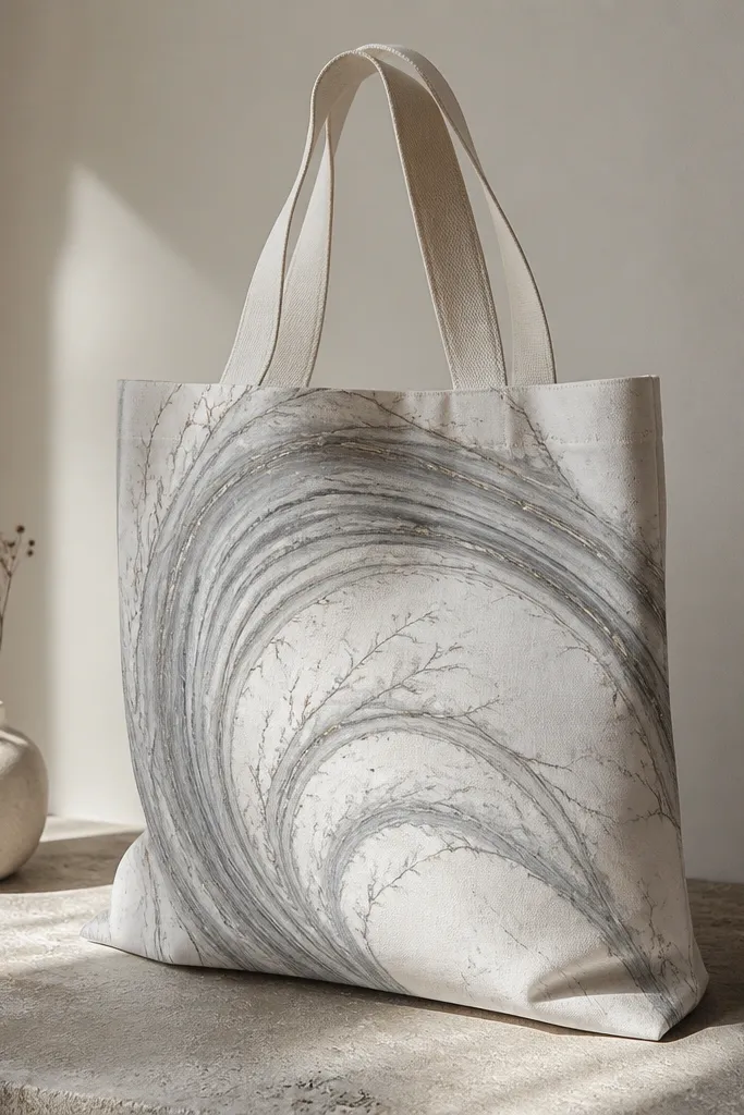 A tote with a marbled oval shape in gray and white. Swirl lines arc across the oval, and thin toothpick-like veins branch outward in subtle lines.