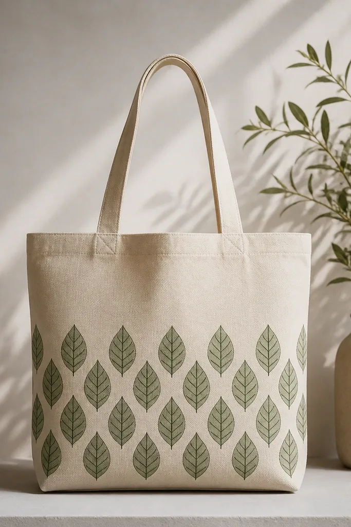 A tote with repeating leaf stamps across the lower half. The leaves are printed in muted green with a darker green outline, evenly spaced like wallpaper.