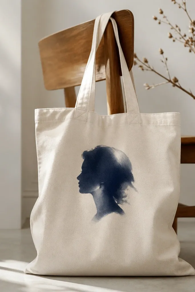 A tote with a small painterly silhouette of a face in deep navy. The edges are slightly soft, with a few lighter highlights around the cheek and hairline.