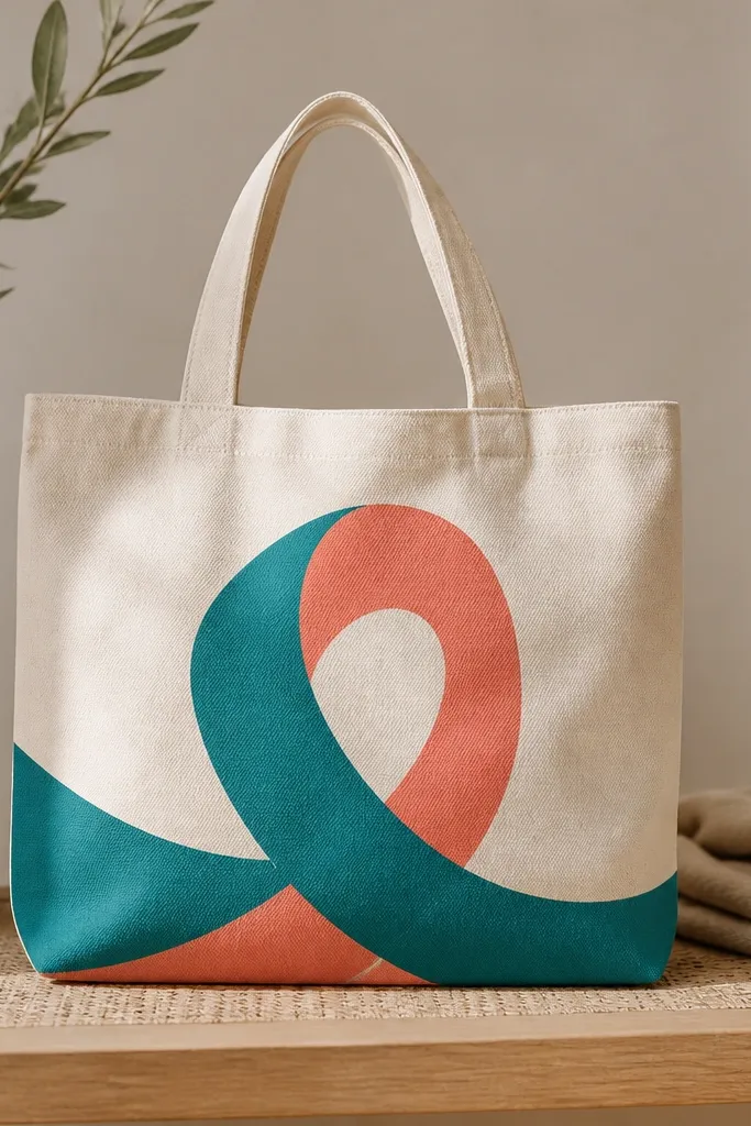 A tote with a looping ribbon shape painted in teal and coral. The ribbon has smooth curves and clean boundaries from curved masking tape.