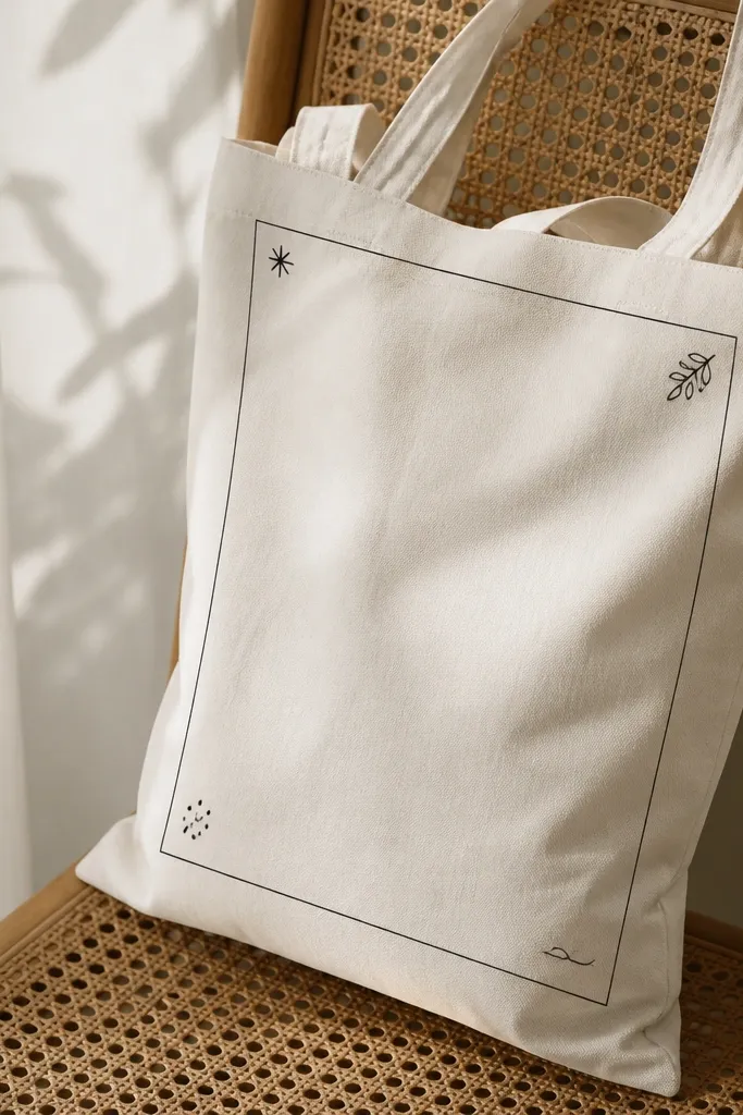A tote with a thin rectangular frame drawn in black. In each corner, there's a tiny doodle: a star, a leaf, a small dot cluster, and a curved line.