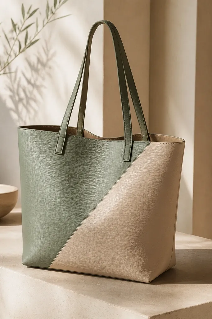 A tote with a split diagonal color-block on the side panel. One side is sage green, the other is warm beige, with a sharp diagonal dividing line.