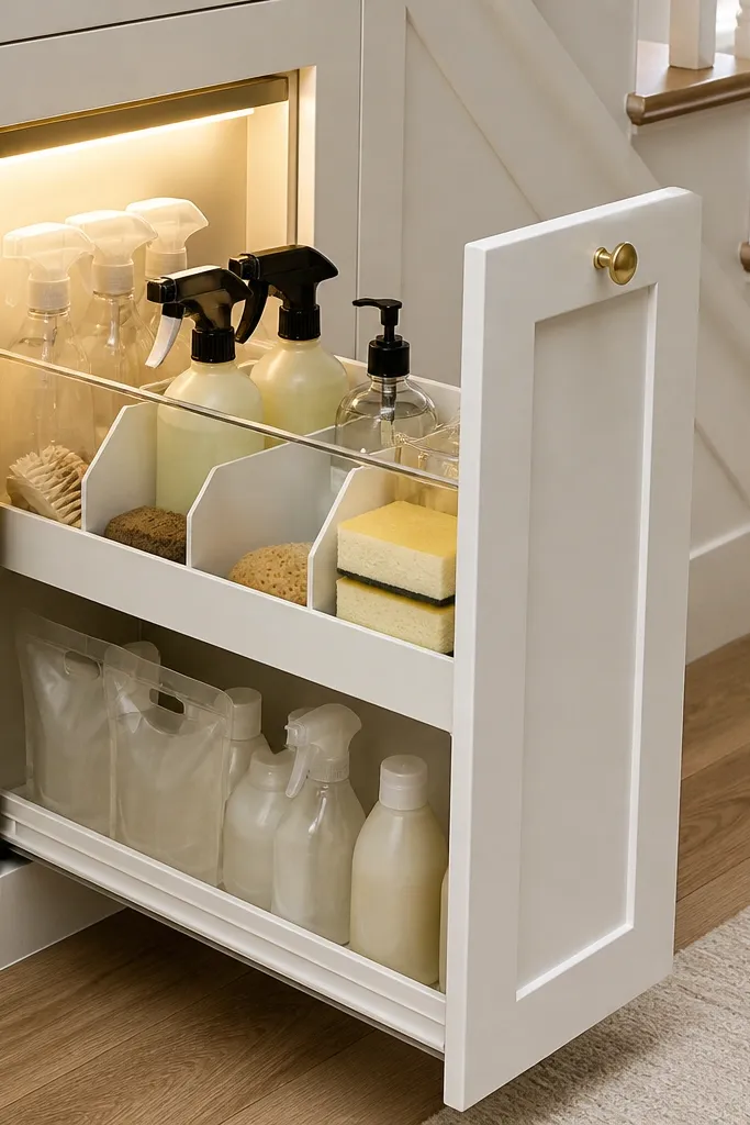 White shaker-style under-stairs cupboard with one tall pull-out bin