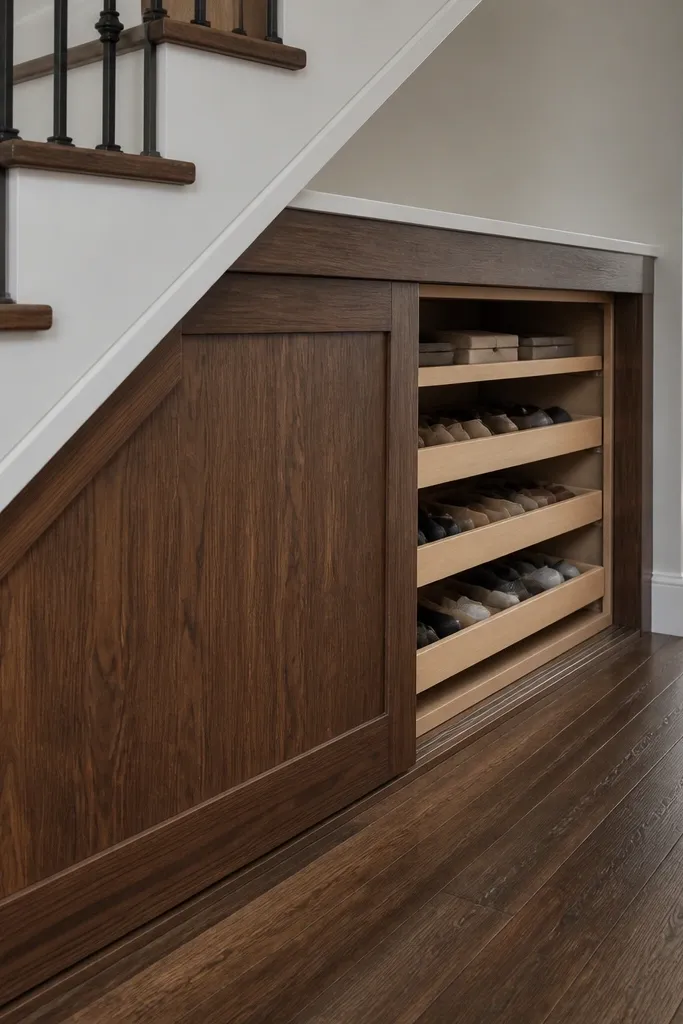 Wood under-stairs cupboard with a sliding door covering shallow shelves