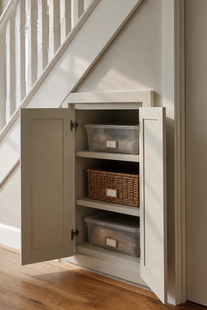 Under-stairs cupboard with bi-fold doors and three small cubbies