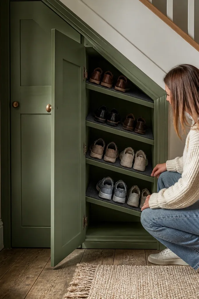 Under-stairs cupboard with a toe-kick and angled shoe shelves behind a door