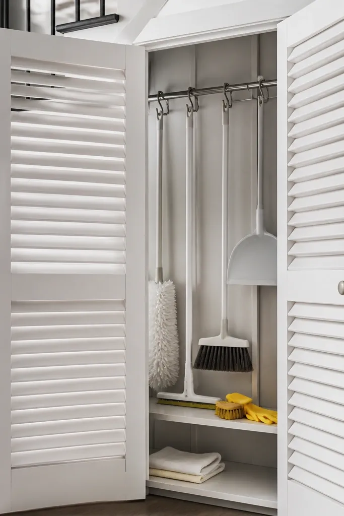 Under-stairs cabinet with louvered doors and hanging cleaning tools inside