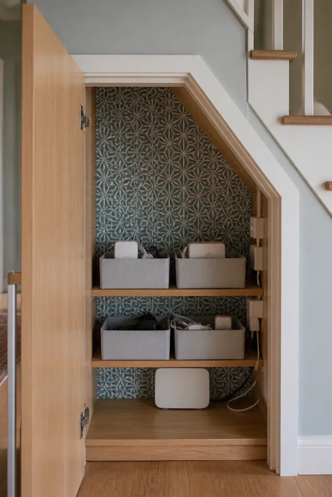 Under-stairs cupboard with a patterned back panel and cable bins on shelves