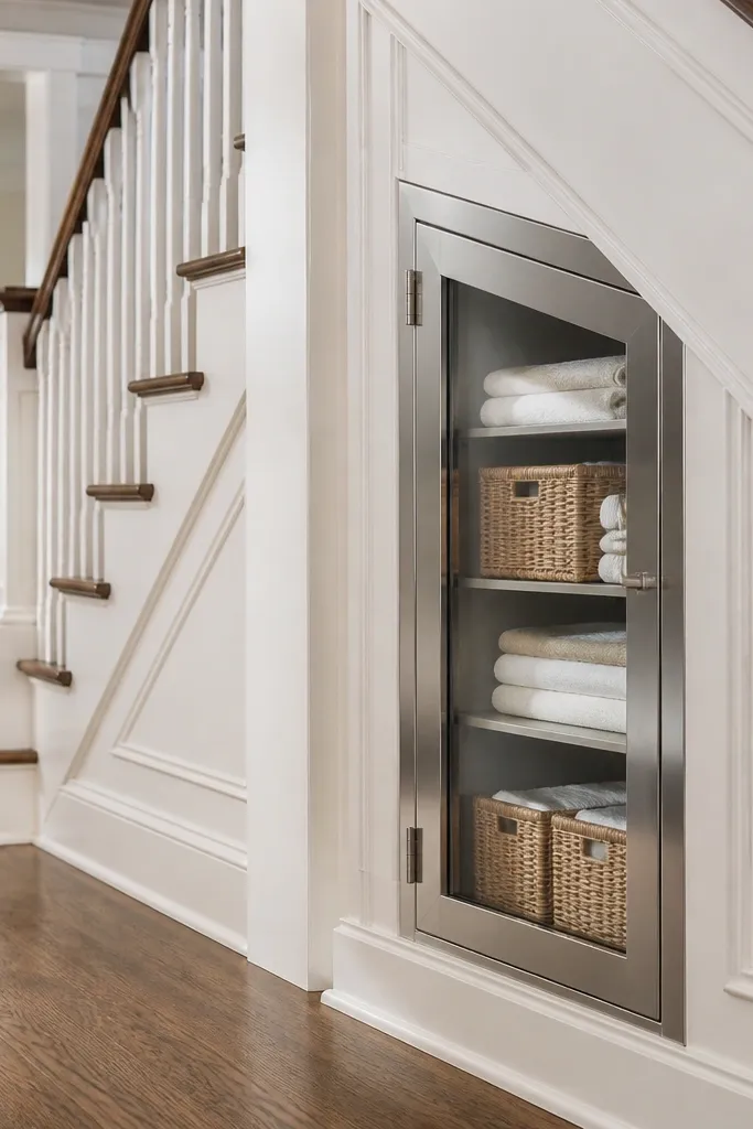 Under-stairs cupboard with a framed glass door and neatly stacked baskets