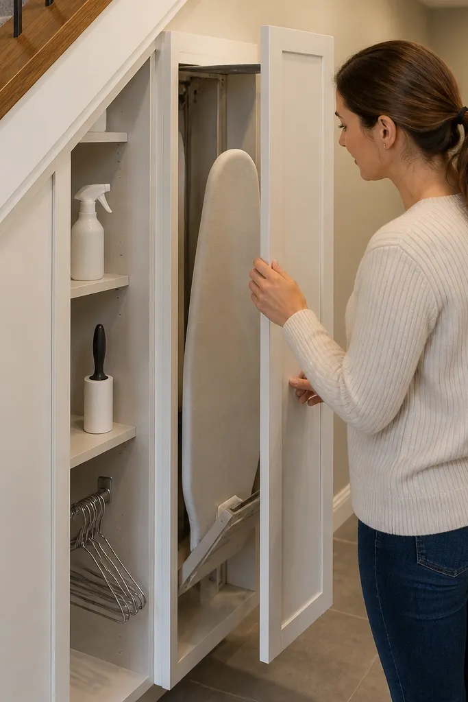 Under-stairs tall cabinet with a pull-out fold-down panel inside