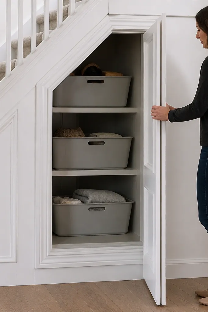Under-stairs cupboard with a decorative frame and recessed bins