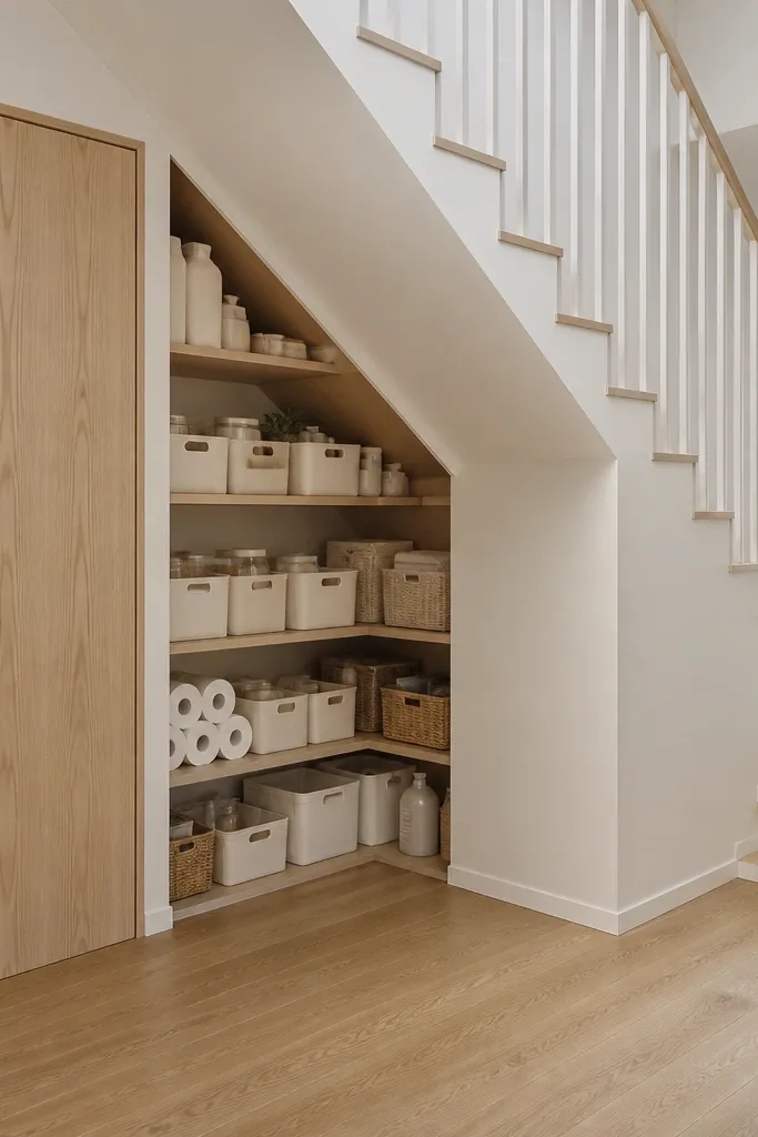 Under-stairs L-shaped shelving with a door hiding the mess