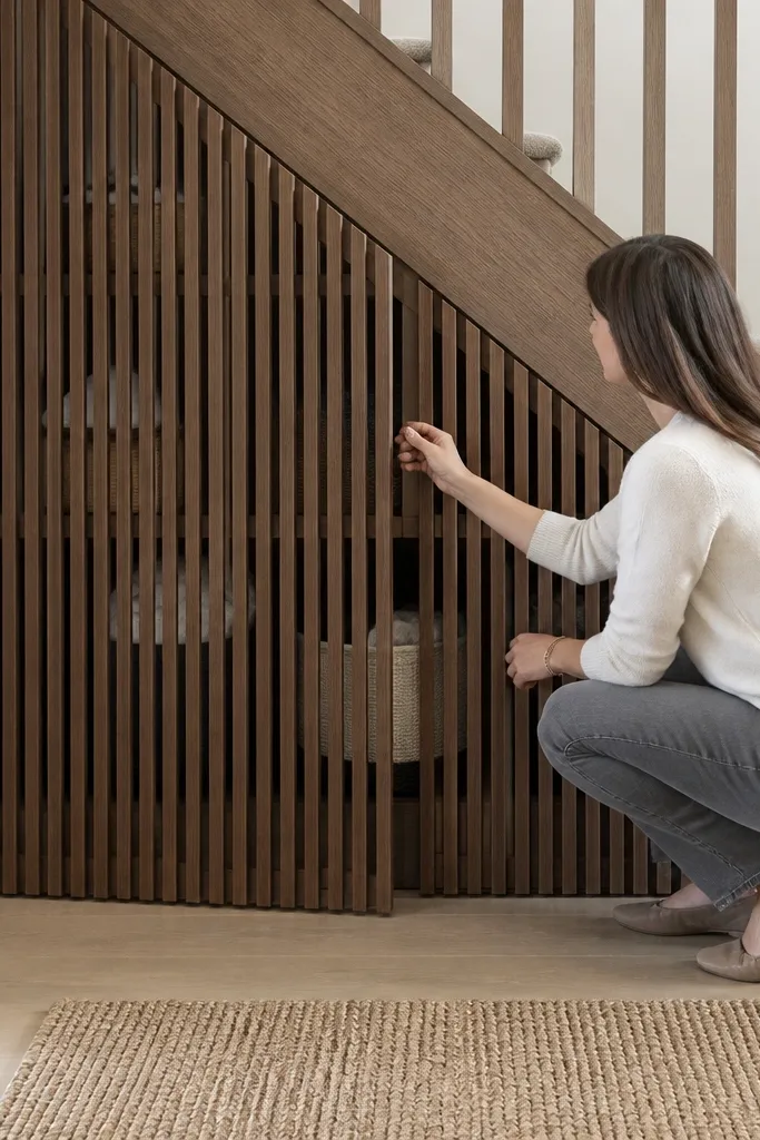 Under-stairs cupboard with a wood slat door and hidden storage inside