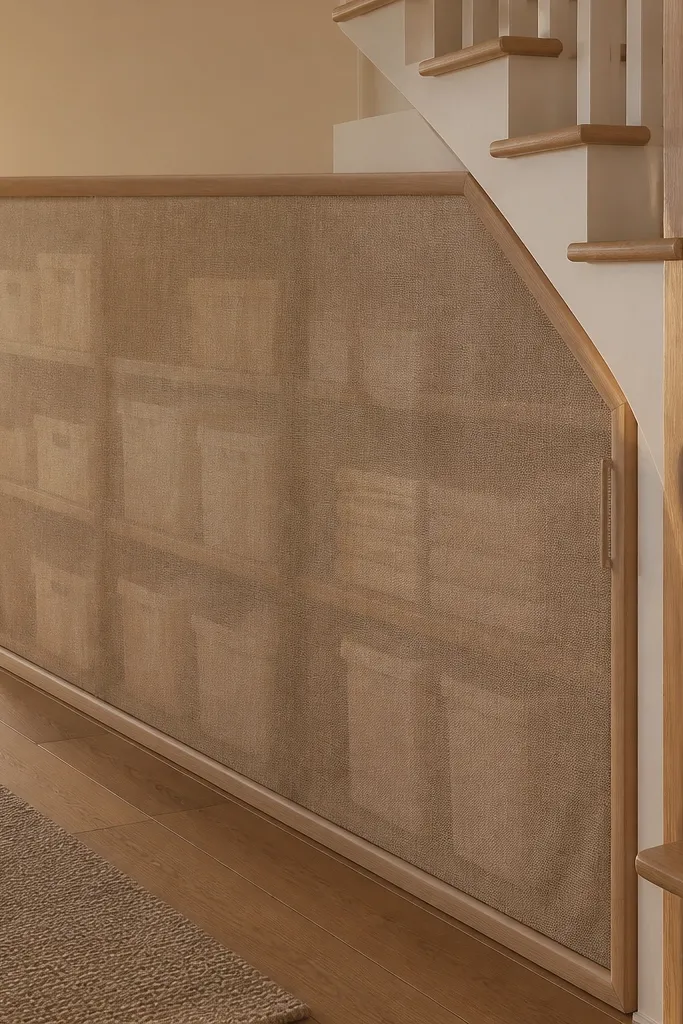Under-stairs cupboard with a framed fabric curtain hiding bins