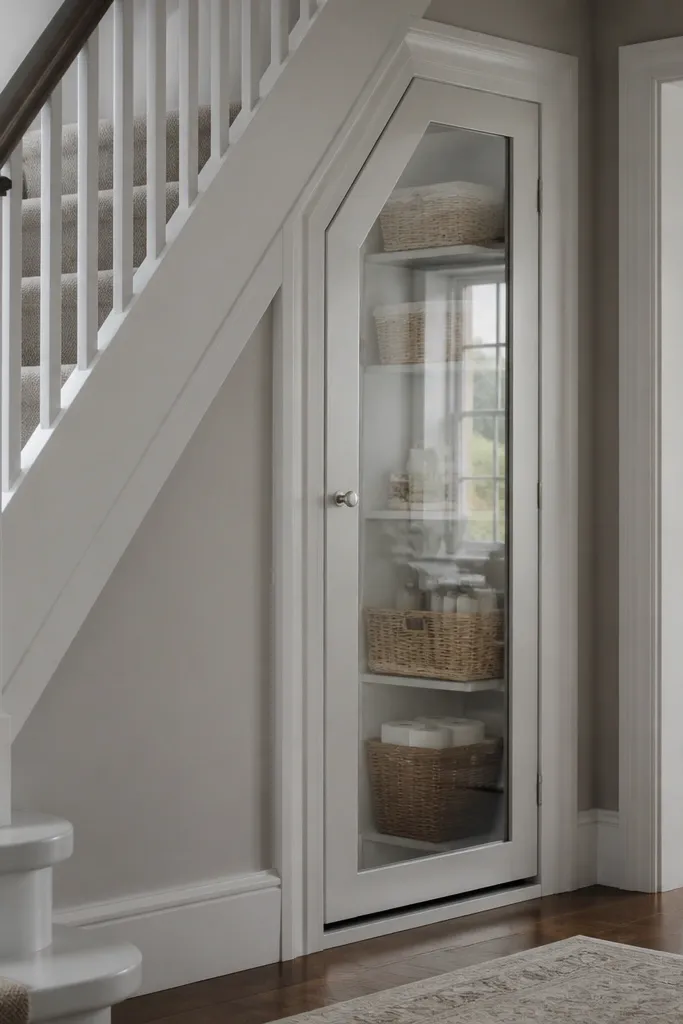 Under-stairs cupboard with a mirrored door and small toiletries baskets inside