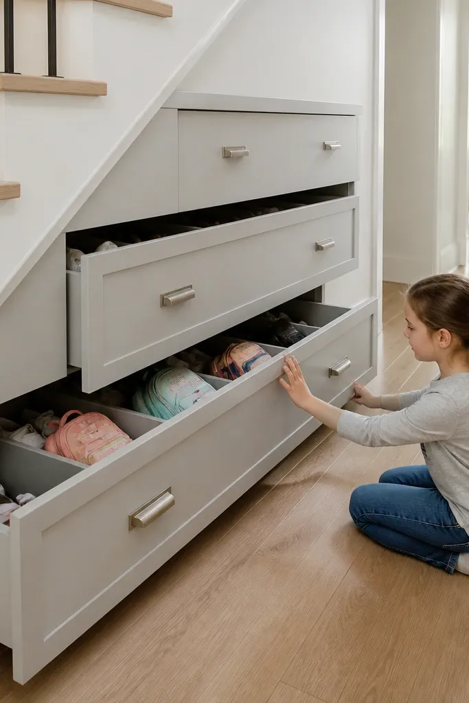 Under-stairs cupboard with stacked sliding drawers and small bins
