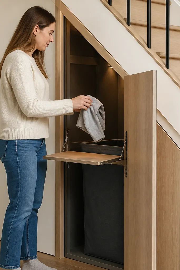 Under-stairs cupboard hiding a hamper with a small fold-down shelf on the door