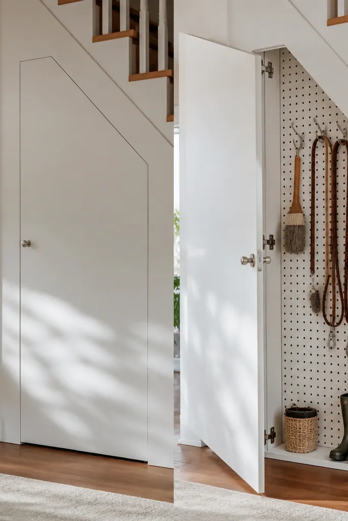Under-stairs cupboard with a pegboard backing and hooks behind a door
