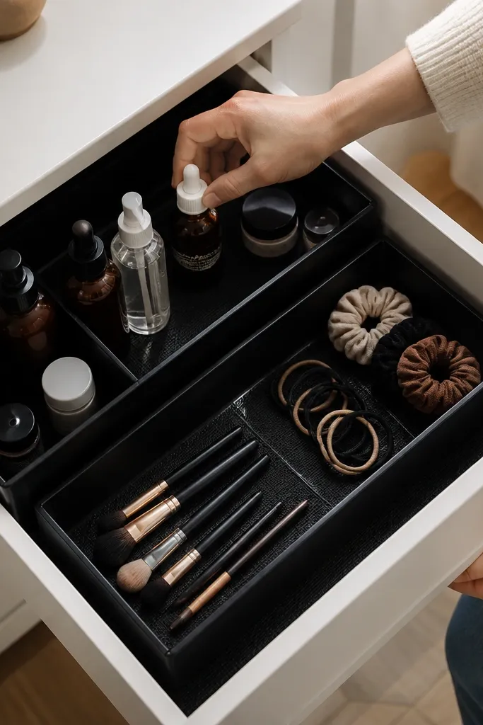 Black shallow tray on a vanity drawer with dark rubber liner sections
