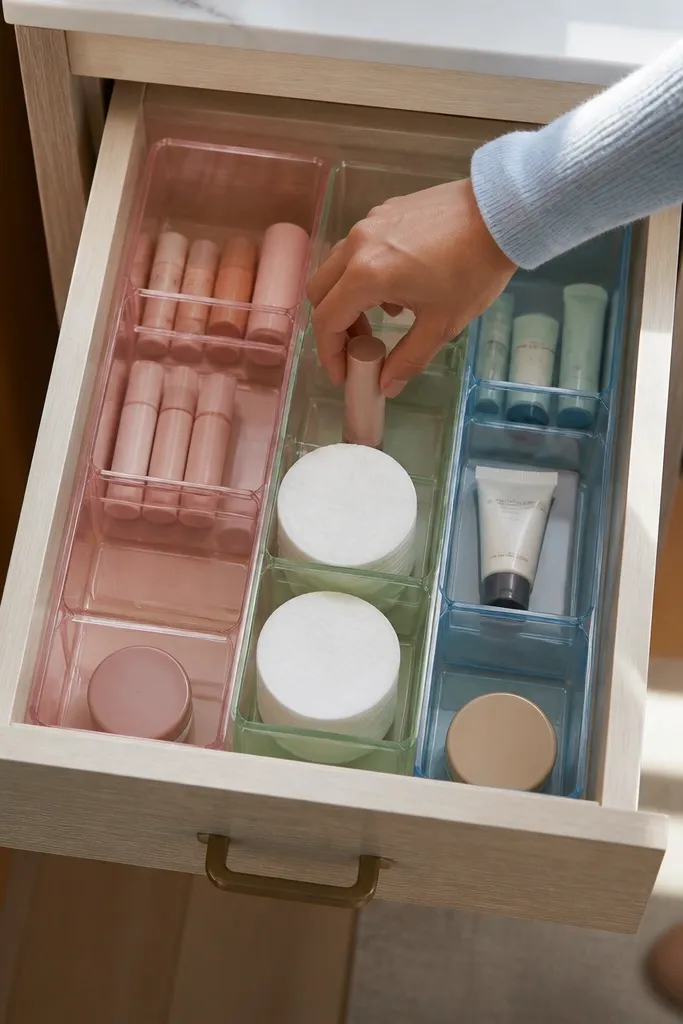Clear acrylic mini bins arranged in rows inside a vanity drawer