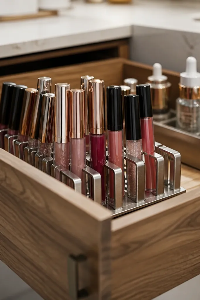 Vertical organizer board with slots holding lip gloss tubes in a drawer