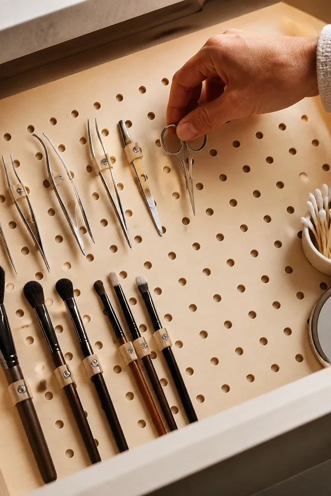 White pegboard insert in a vanity drawer with small clips holding tools