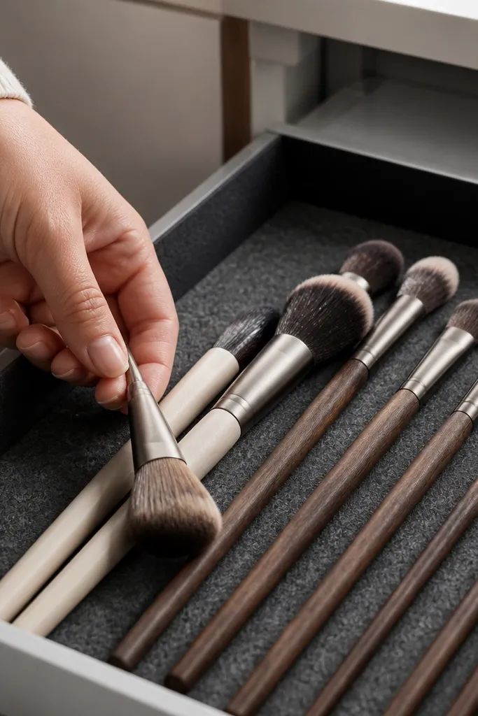 Drawer base lined with felt and brush slots for makeup tools