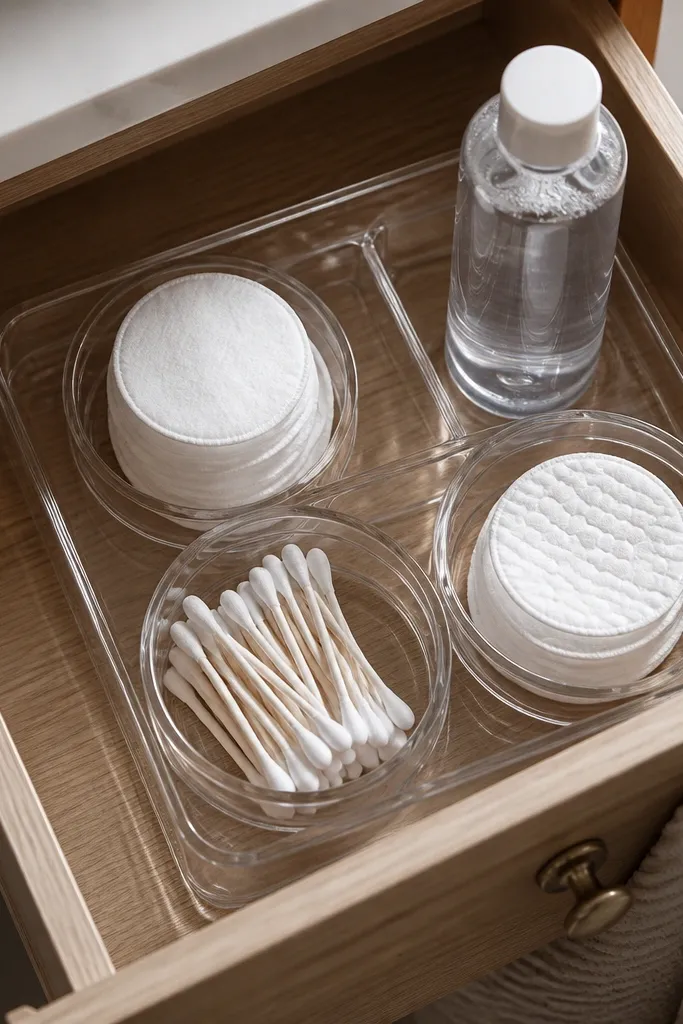 Small shallow cup tray with cotton rounds and q-tips in a vanity drawer