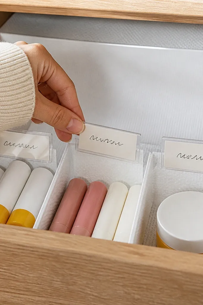 Clear label tabs on vanity drawer dividers with neat handwriting