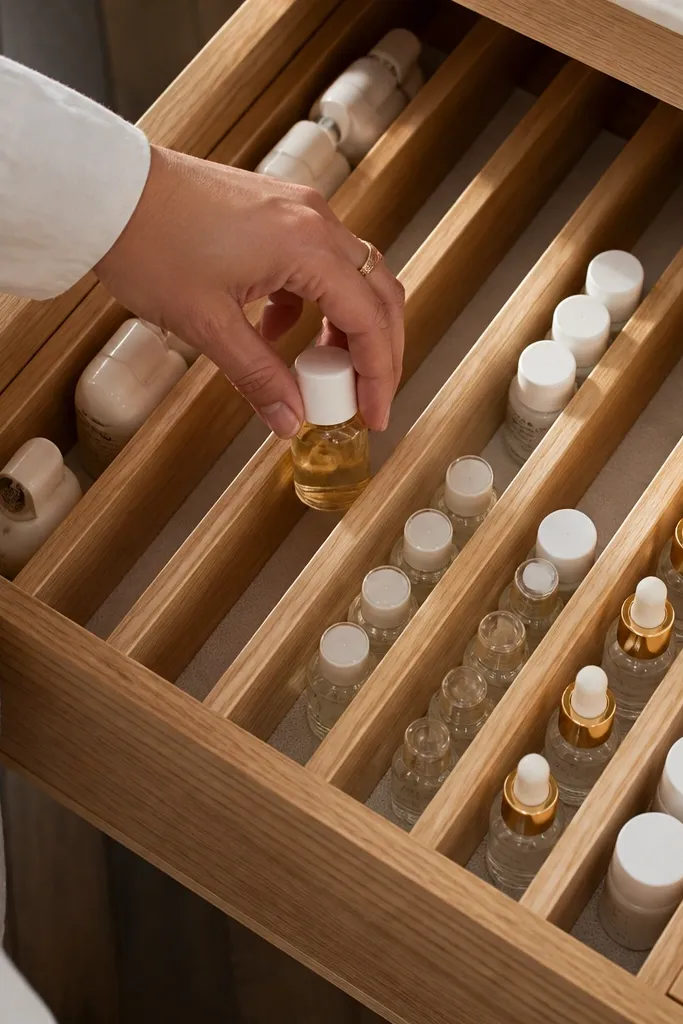 Light wood slat dividers forming small bottle compartments in a drawer