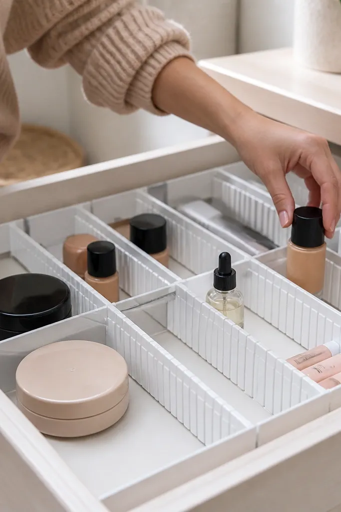 Expandable dividers set into a drawer with small anchor points