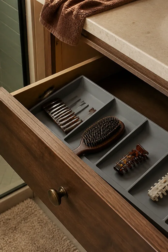 Angled tray insert in a vanity drawer holding hair clips and combs