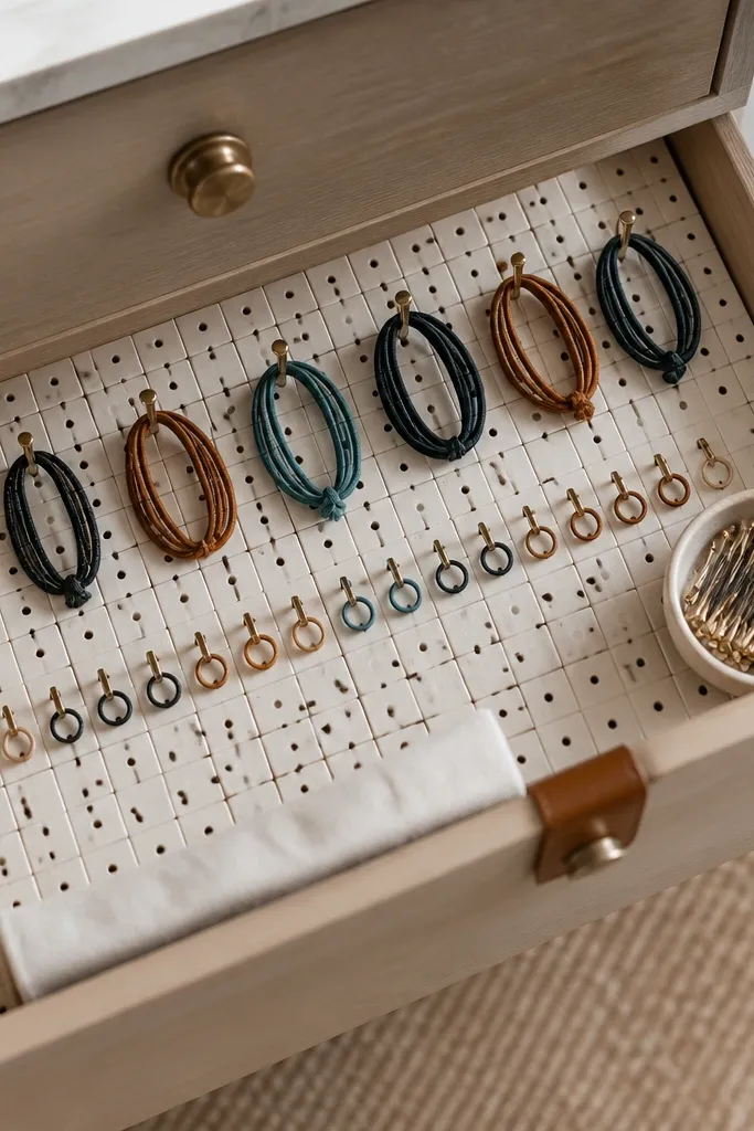 Small pegboard panel with hooks holding hair ties inside vanity drawer