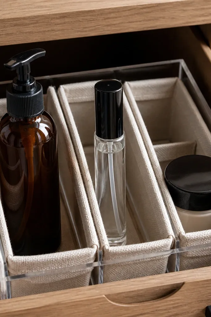 Drawer insert with clear walls and fabric sleeves separating skincare items