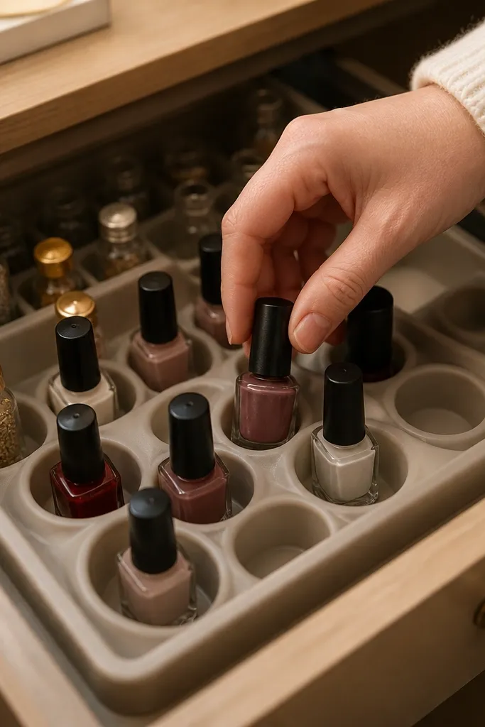 Silicone cup insert holding small bottles in a tidy drawer layout
